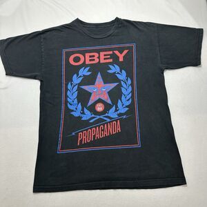OBEY Propaganda Men's Large Distressed Graphic T Shirt Star Logo Black Tee